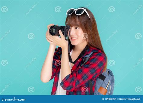 Beautiful Young Asian Woman Smiling Is Journalist Photographer Wear