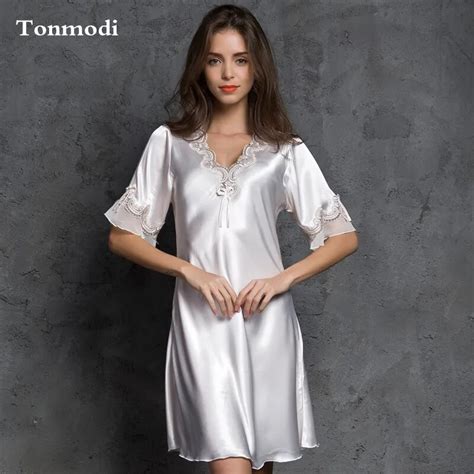 Nightgown For Women Summer Nightgown Silk Sleepwear V Neck Sexy Lace Lounge Nightshirt Plus Size