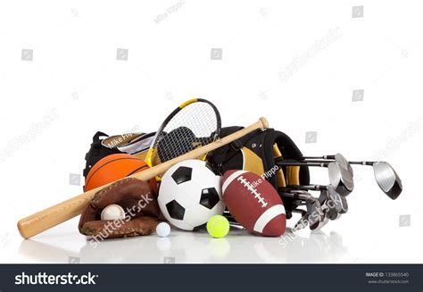 Assorted Sports Equipment On White Background Stock Photo 133865540