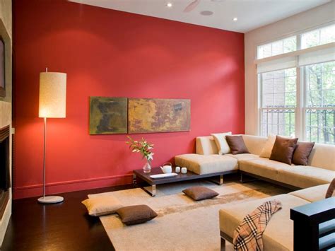 Modern Asian Living Room With Beige Sectional And Red Wall