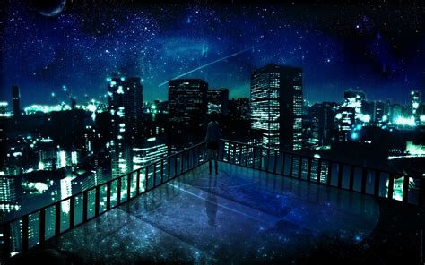 Wallpaper City Cityscape Night Anime Girls Reflection Stars
