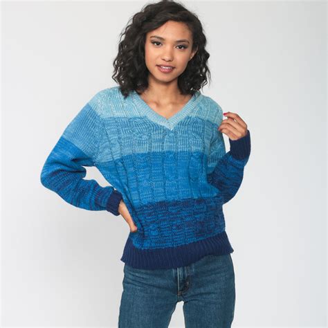 Cable Knit Sweater 70s Blue Ombre Striped V Neck Sweater Slouchy