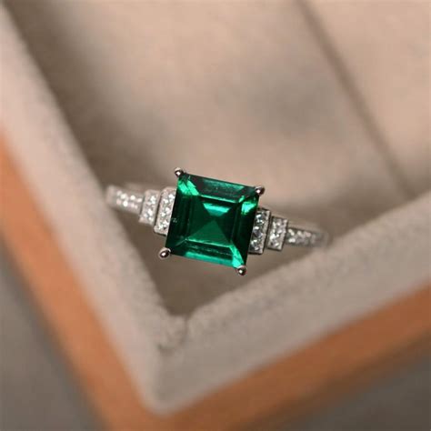 Lab Created Emerald Ring Sterling Silver Square Cut Engagement Ring