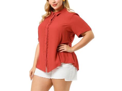 Plus Size Shirt For Women Short Sleeve Lace Inset Button Up Collar Top