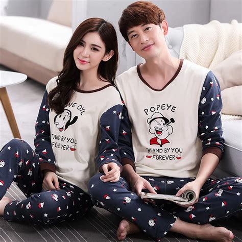 Autumn Long Sleeved Cartoon Printing Couple Pajama Sets Women Men Cotton Casual Clothing