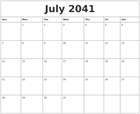 July 2041 Blank Printable Calendars