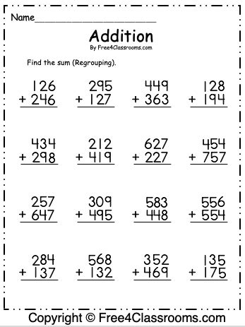 Digit Addition With Regrouping Nd Grade Math Worksheets Free