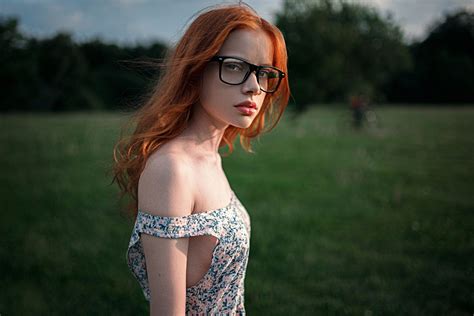 Wallpaper Women Outdoors Redhead Long Hair Sunglasses Glasses Dress Fashion Person