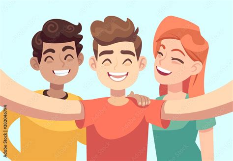 Selfie With Friends Friendly Smiling Teenagers Taking Group Photo Portrait Happy People Vector