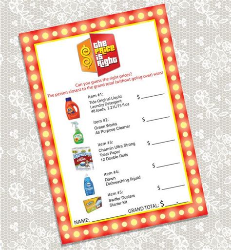 Printable The Price Is Right Bridal Shower Party Game Card Instant
