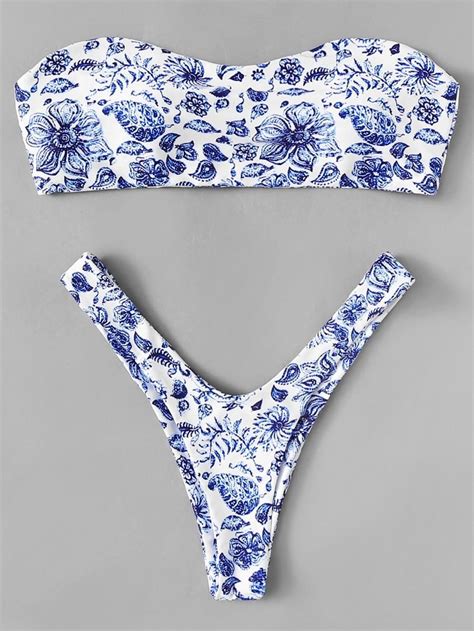 Porcelain Print Bandeau Bikini Set Sheinsheinside 青いビキニ かわいい水着 水着