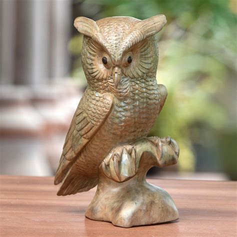 Hibiscus Wood Owl Sculpture From Bali Owl On A Ledge Novica