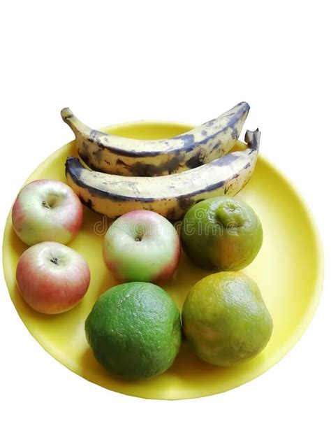Fruits Bananas Apples Oranges In An Yellow Bowl Stock Image Image Of