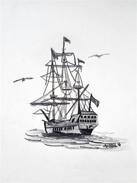 Original Graphite High Seas Sailboat Sailing Sketch Coastal Nautical