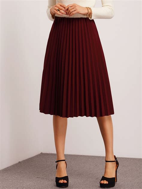 Shop Burgundy Pleated Midi Skirt Online Shein Offers Burgundy Pleated