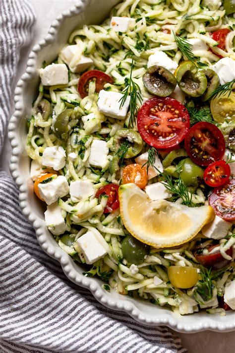 Lemony Grated Zucchini Salad With Tomatoes Olives And Feta 7 Ingredients