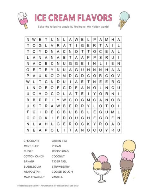 Ice Cream Flavors Word Search Printable