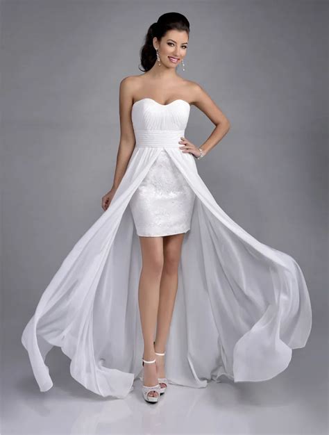 Designer Long Formal Evening Dress White Strapless Chiffon Lace High
