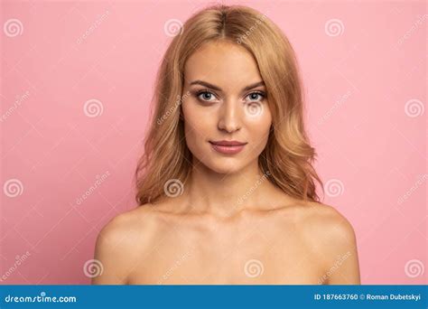 Beautiful Sensual Topless Woman With Long Blonde Hair Posing Isolated