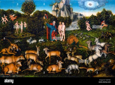Lucas Cranach El Jardín Del Edén Adán Y Eva Pintura 1530 Fotografía