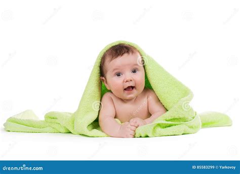 Newborn Baby Lying Down And Smiling In A Green Towel Stock Image Image Of Happy Funny