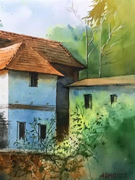 Village Scenery Watercolor Painting By Abhijeet Bahadure Exotic