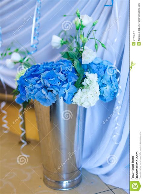 Bouquet Of White And Blue Flower In Metal Vase Stock Image Image Of