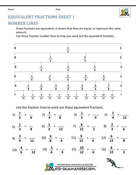 Equivalent Fractions On Number Line Worksheets