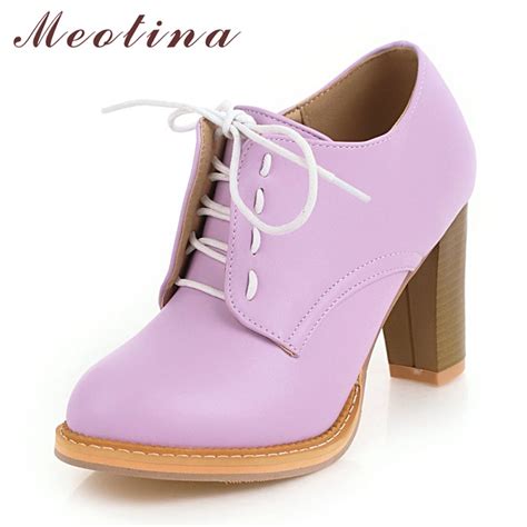 Meotina High Heels Derby Shoes Women Thick High Heels Casual Shoes Lace