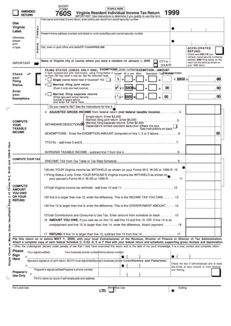 Form 760s Virginia Resident Individual Income Tax Return 1999