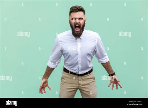 Mans Roar The Angry Businessman Screaming With Closed Eyes Indoor
