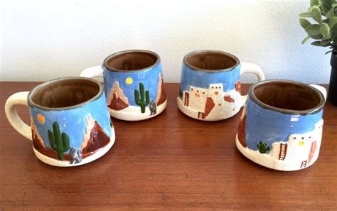 Set Of Four Cactus Desert Mugs Southwestern Native American Cups Adobe Pueblo Ceramic Coffee