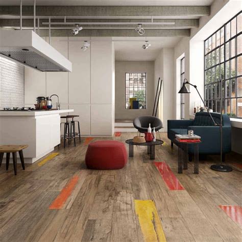 Wood floor with tile inlay in kitchen. Wood Look Tile: 17 Distressed, Rustic, Modern Ideas