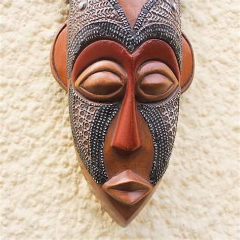 West African Wood Mask Ofuntum Wood With Aluminum Accent My Protector