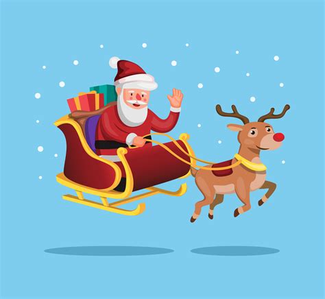 Papai Noel e rena com trenó de natal para entregar presente em vetor de