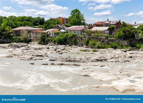 Rioni River In Kutaisi Landscape View With White Stones And