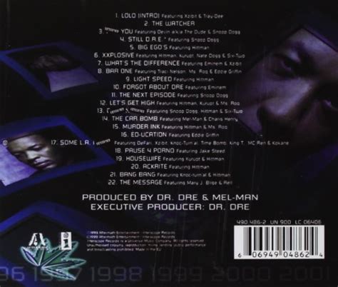 Also, dre, and his young discovery, and protégé, snoop doggy dogg, and the rest of the dogg pound (kurrupt, daz dillinger, lady of rage, rbx, etc) shine on this landmark rap cd. Dr. Dre 2001 | music onlineshop