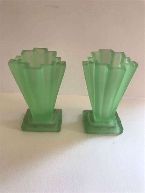 Two Extra Rare Bagley 4 Grantham Frosted Uranium Green Glass Etsy