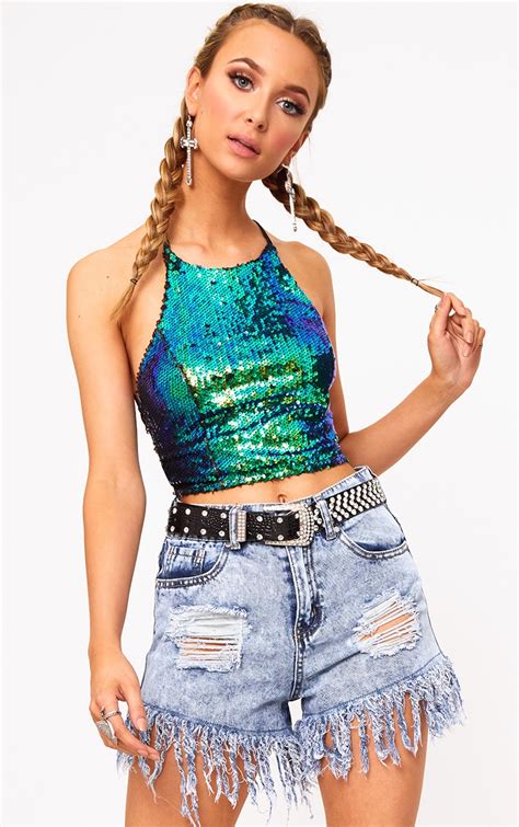 Green Sequin Backless Crop Top Crop Tops Prettylittlething Il
