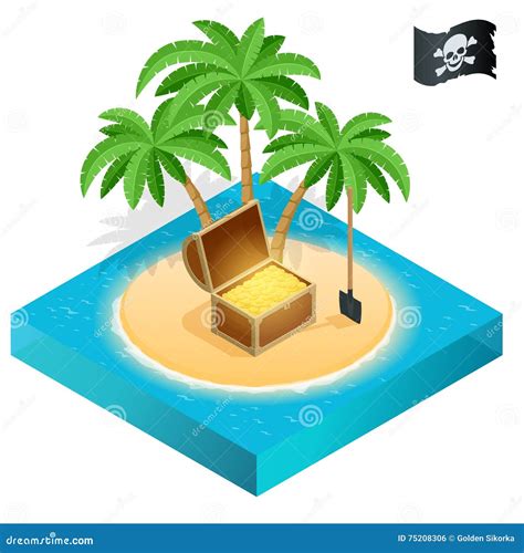 Treasure Tropical Island, Ancient Pirate Treasure Chest, Barrel, Scull