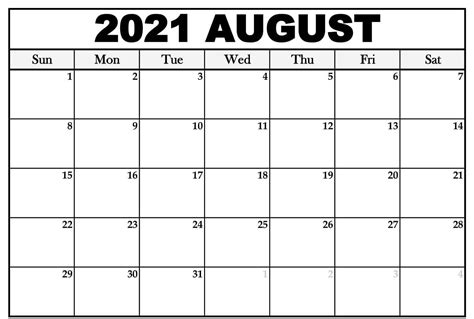 Editable Calendar For August 2021 Printable