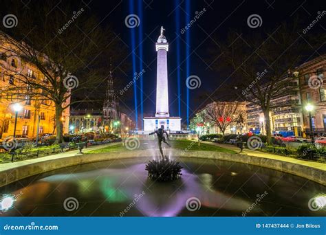 Fountain And The Washington Monument At Night In Mount Vernon