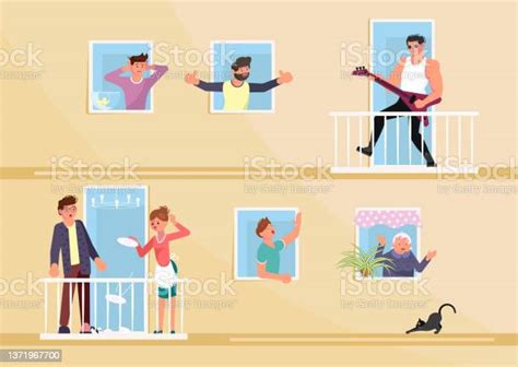 Men And Women Neighbours Characters Living In Neighboring Home Apartments Stock Illustration
