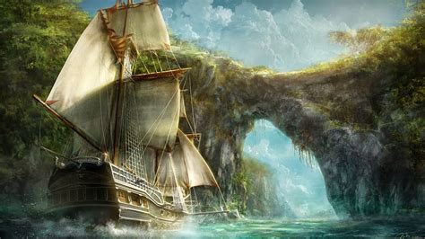 White And Brown Sailing Boat Painting Fantasy Art Ship Nature