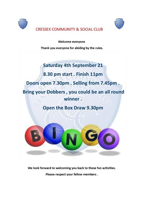 Saturday Bingo Notification Cresmunity Centre High Wycombe