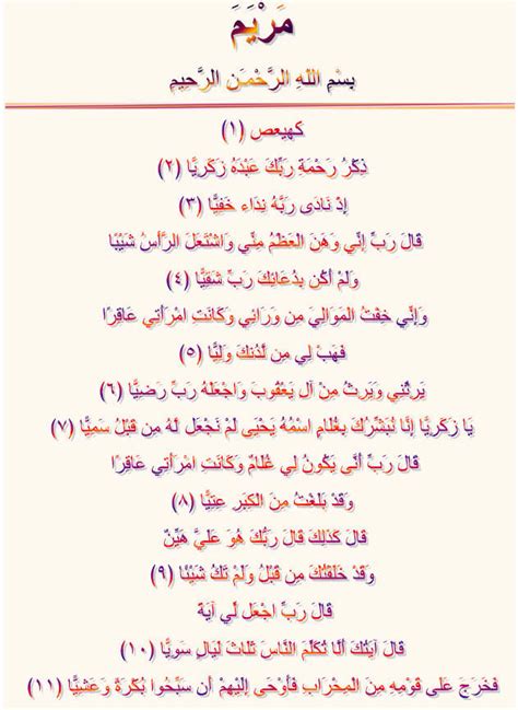 Noble Quran Surah Maryam Arabic Colorful Text Free Download