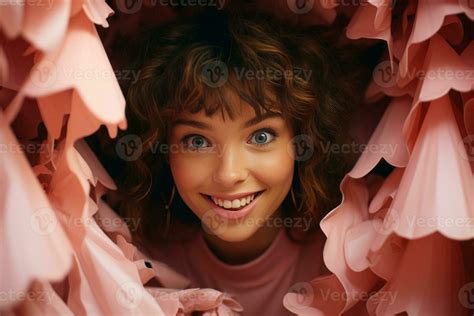 A Cute Girl Stuck In A Hole Into A Pink Background Ai Generated