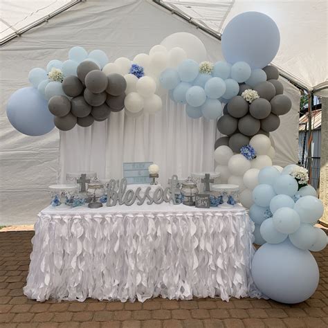 Cake Table For A Boy Baptism White Blue And Grey Balloon Garland With