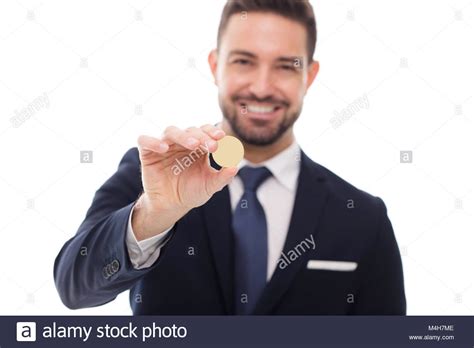 Happy Businessman Holding Coin Template Isolated On White Background