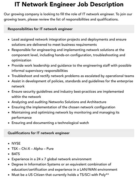 It Network Engineer Job Description Velvet Jobs